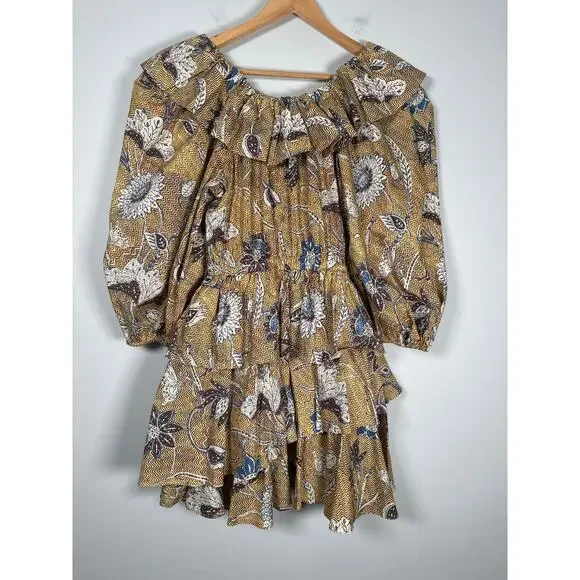 Ulla Johnson Giselle Ruffle Mini Dress Oleander Floral Cotton Womens Sz 6 Yellow - Picture 5 of 10